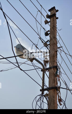 light pole with three wires of the power line to supply electricity to ...