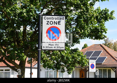 No parking controlled zone road sign with times close to Southend hospital Stock Photo