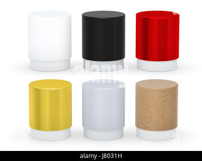 Blank short cylindrical box packaging  with variety material set, clipping path included. Stock Photo