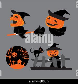 set of Pumpkin head witch  character on Halloween Stock Vector