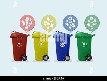 Different Colored wheelie bins set with waste icon, illustration of waste management concept Stock Vector