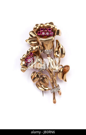 Ruby diamond flower gold brooch. Stock Photo