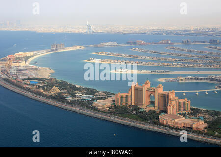 Dubai The Palm Island Atlantis Hotel Burj Al Arab aerial view photography UAE Stock Photo