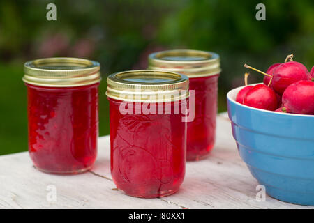 Homemade crab apple jelly with a bowl of crab apples. Stock Photo