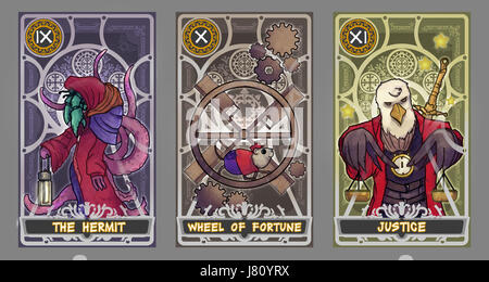 Tarot card illustration set.  Suit of the hermit, suit of wheel of fortune and suit of justice with clipping path. Stock Photo