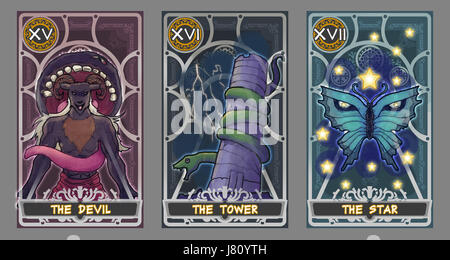 Tarot card illustration set.  Suit of the devil, suit of the tower and suit of the star with clipping path. Stock Photo