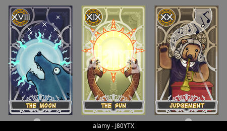 Tarot card illustration set.  Suit of the moon, suit of the sun and suit of judgement with clipping path. Stock Photo