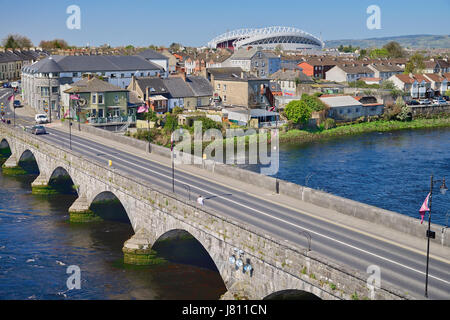 Ireland, County Limerick, Limerick City, Thomond Park Rugby Football ground seen from St Johns Castle with the River Shannon in the foreground. Stock Photo