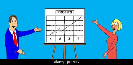 Business cartoon illustration showing two excited business people presenting annual, growing profits. Stock Photo