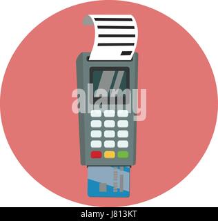 Debit or credit card inserted into the pos terminal with printed receipt. Vector illustration in circle Stock Vector