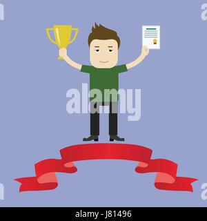 Vector illustration of businessman proudly standing on the winning podium holding up winning trophy and showing an award certificate. Flat style Stock Vector