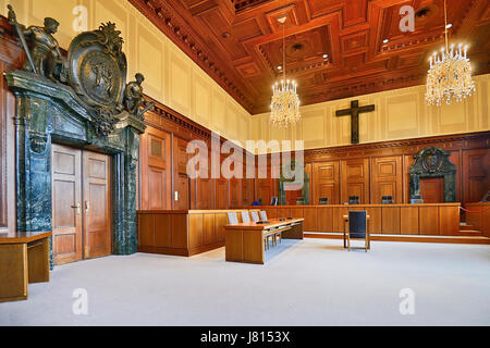 Germany, Bavaria, Nuremberg, Nuremberg Palace of Justice, Memorium Nuremberg Trials Museum, Courtroom 600. Stock Photo