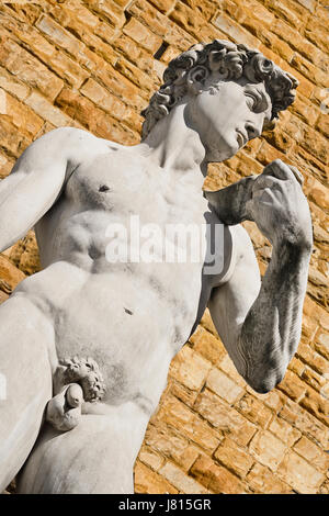 Italy, Tuscany, Florence, Piazza della Signoria, Replica of the famous David statue by Michelangelo with the Palazzo Vecchio as background. Stock Photo