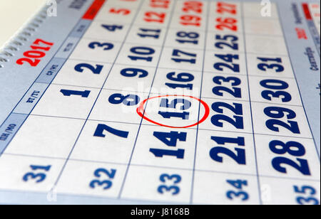 Moscow, Russia, April 10, 2017: A date marked on the calendar with a red marker is August 15, 2017. Stock Photo