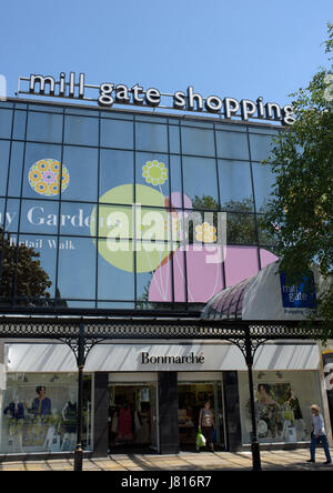 Mill gate shopping centre glass building facade in bury town centre in lancashire uk Stock Photo