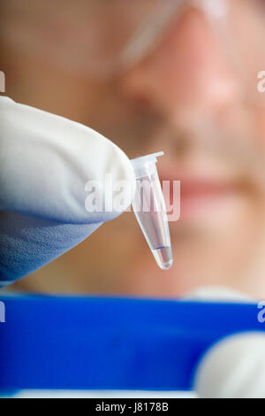 Loading a tube of DNA into a PCR (polymerase chain reaction ...