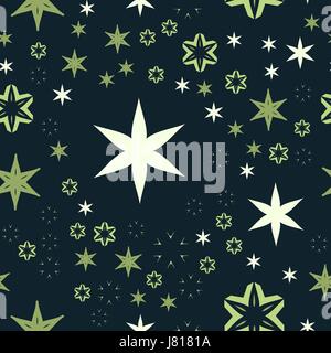 Vintage dark green seamless warping paper pattern with stars and flowers Retro Stock Vector
