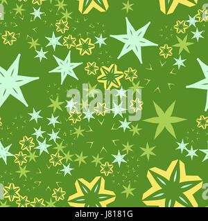 Warping paper pattern, seamless design for giftboxes, covers, flayers in green and yellow color. Flying stars and stylized flowers on Retro green back Stock Vector