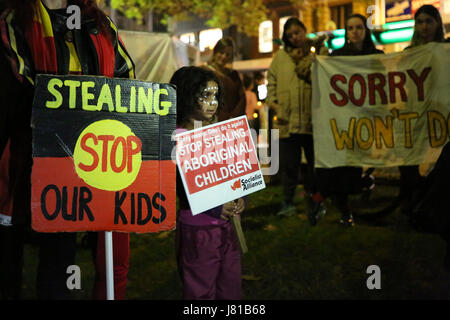 Sydney, Australia. 26th May, 2017. Twenty years since the release of the Bringing them Home report, a candle lit vigil and march was held in Sydney on National Sorry Day. Protesters assembled at Victoria Park, Broadway and marched to Central Station, platform 1 where Aboriginal children had been separated from their families and sent to institutions and foster homes. Speakers recalled memories of abuse and sadness at being taken from their families. Credit: Richard Milnes/Alamy Live News Stock Photo