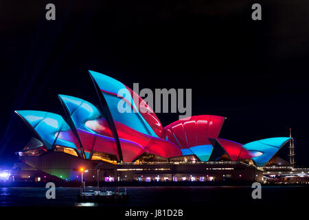 Sydney, Australia. 26th May, 2017. The sails of the Sydney Opera House can be seen during the 'Sydney Vivid Festival' 2017, sporting projections of the artist and art director Ash Bolland, 'Audio Creatures', in Sydney, Australia, 26 May 2017. The festival offers light instalments, music and more from the 26th of May until the 17th of June 2017. Photo: Henrik Josef Boerger/dpa/Alamy Live News Stock Photo
