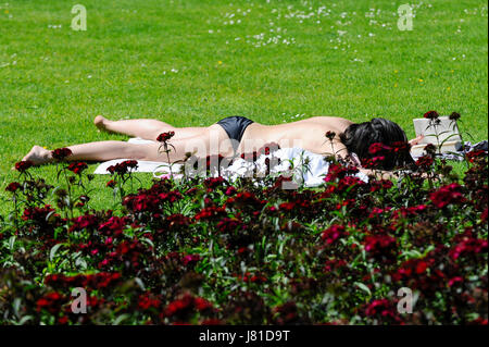 London, UK. 26th May, 2017. A sunbather in Whitehall Garden enjoys the hot weather and bright sunshine. Credit: Stephen Chung/Alamy Live News Stock Photo