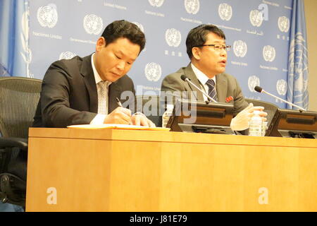 New York, USA. 26th May, 2017. North Korea's Deputy Ambassador Kim In Ryong spoke to reporters at the UN about his country's missiles tests, then left without taking questions Credit: Matthew Russell Lee/Alamy Live News Stock Photo