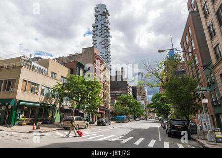 New York, USA. 26th May, 2017. Empty streets in TriBeCa on a Friday before the Memorial Day Weekend as New Yorkers leave for a three day holiday. The 60 story condo, 54 Leonard Street, known as the Jenga Building, rises above loft and industrial buildings © Stacy Walsh Rosenstock/Alamy Live News Stock Photo