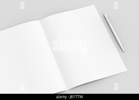 Folded empty paper with pencil on soft gray background. 3D illustrating Stock Photo