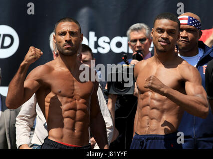 Kell Brook (left) and Errol Spence Jnr during the weigh-in at Sheffield City Hall. Stock Photo