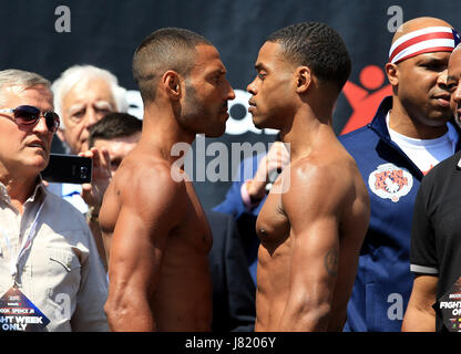 Kell Brook (left) and Errol Spence Jnr during the weigh-in at Sheffield City Hall. Stock Photo