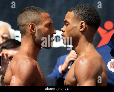 Kell Brook (left) and Errol Spence Jnr during the weigh-in at Sheffield City Hall. Stock Photo