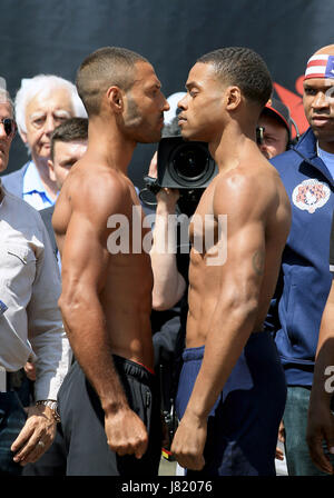 Kell Brook (left) and Errol Spence Jnr during the weigh-in at Sheffield City Hall. Stock Photo