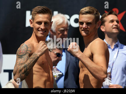 Jon Kays (left) and Andy Townend during the weigh-in at Sheffield City Hall. Stock Photo