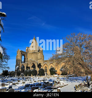 Winter snow; Crowland Abbey; Crowland town; Lincolnshire; England; UK Stock Photo