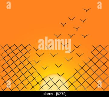 Vector illustration of a wire mesh fence transforming into birds flying away over the sunset sky. Freedom, courage and success concept. Stock Vector