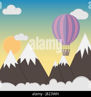 Purple hot air balloon flying over the mountains. Flat design, vector illustration. Stock Vector