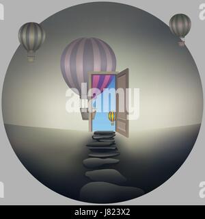 Pathway of opportunity along a black and white, desaturated world, going to a opened door to another better and colorful life. Road to success symbol. Stock Vector