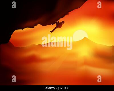 Silhouette of climber without insurance going up on a cliff against beautiful orange sunset above the clouds. Vector illustration, concept of motion m Stock Vector
