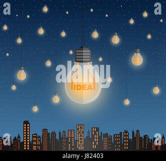 Surreal vector illustration as a lot light bulbs with idea text inside shine over the megapolis like million of stars. Alternative energy concept. Stock Vector