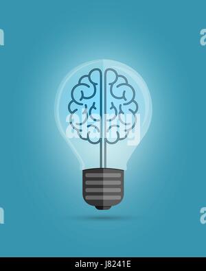 Light bulb with a brain inside, creating ideas, creative thinking concept. Vector illustration over blue background. Stock Vector