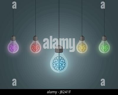 Row of hanging, creative colored, light bulbs with brain inside glowing. Business idea concept. Vector illustration. Stock Vector