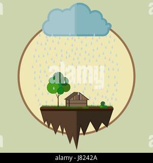 Flying island with a house and tree as farm oasis below a cloud with falling rain drops. Vector illustration, environmental concept. Stock Vector