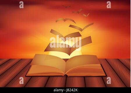 Vector illustration as pages flying out of a book and transform into magic birds, escape on a sunset background. Learning and education concept. Stock Vector
