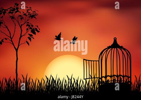 Birds couple escape from a cage, released to nature. Beautiful and positive vector illustration on a orange sunset background. Freedom and together Stock Vector
