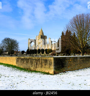 Winter snow; Crowland Abbey; Crowland town; Lincolnshire; England; UK Stock Photo