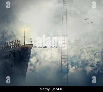 Imaginary view as a young boy stand on the peak of a cliff above clouds thinking how to reach a ladder going up to the sky. Life journey opportunity a Stock Photo