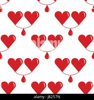 World Blood Donor Day, tileable background. Two hearts, with a drop of blood between them, symbolizes the donor and the recipient. Vector seamless pat Stock Vector