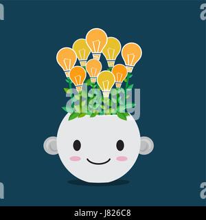 Flat style vector of Lightbulb plant in smiley pot. Cute cartoon for  good idea  concept Stock Vector