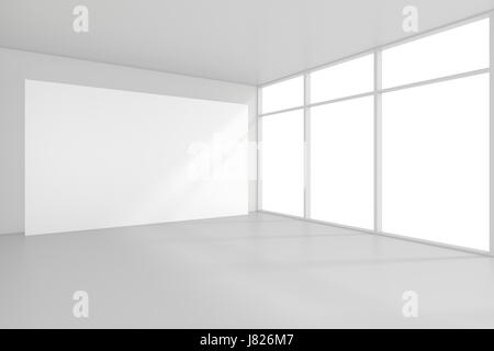 Blank white billboard in empty room with big windows, mock up, 3D Rendering Stock Photo