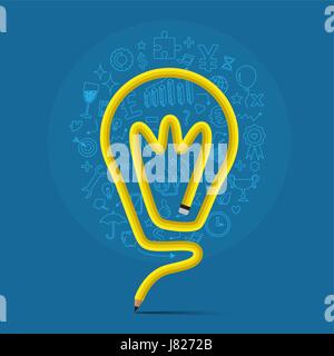 pencil bends shape to light bulb form  with icons, vector illustration for idea concept. Stock Vector